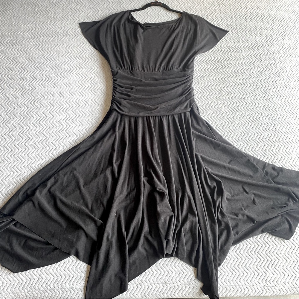 Black Dress with Draped Bodice, Asymmetrical Bottom, and Ruching up the Sides